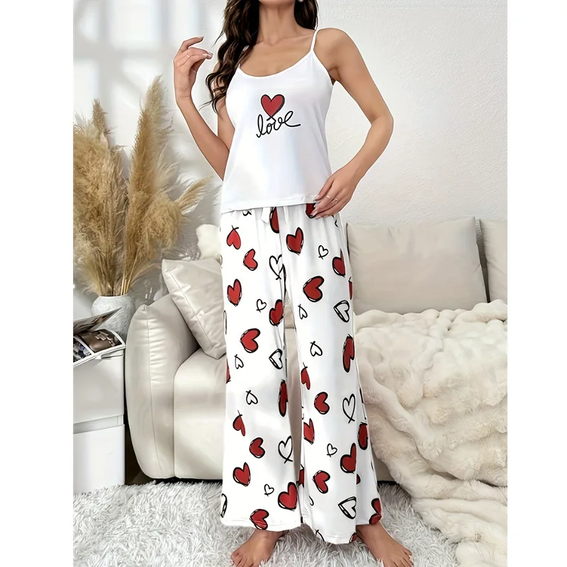 Sweet Hearts Printing Milk Silk Sling Pajamas Set Sleeveless Slip Wide Leg Pants Pajamas Set for Women Fashion Chic Nightwear