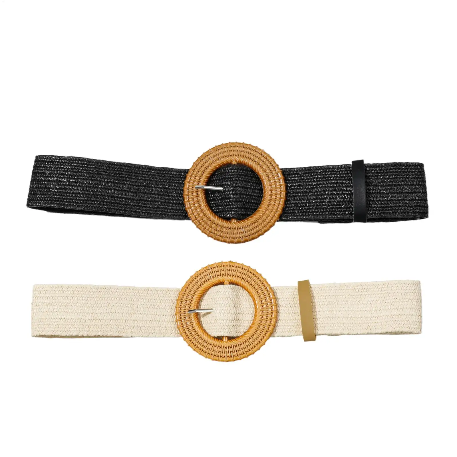 Elastic Belt for Women, Woven Straw Waist Strap Adjustable Round Buckle Belt for Long Shirt Coat Dress, Travel Commuting
