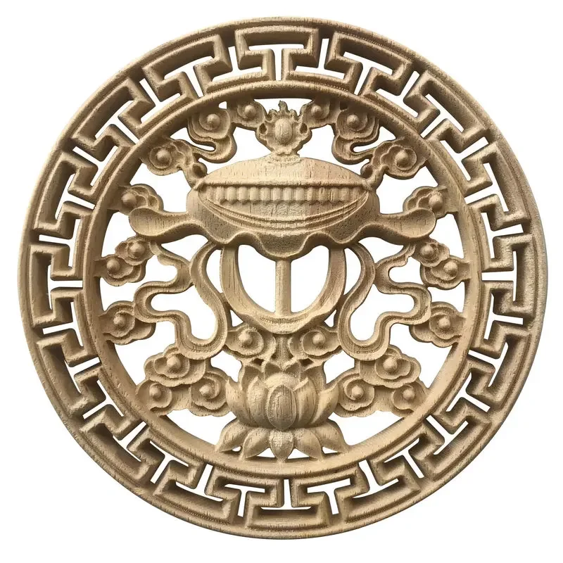 

Solid wood carved circular hollow auspicious Eight Treasures Tibetan style decoration Dongyang wood carved stickers