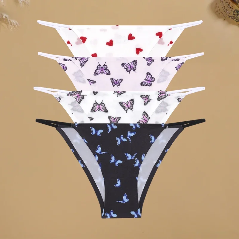 Бесшовные женские трусики, сексуальные трусы-бикини с низкой посадкой и бабочками, леопардовые трусы, женское нижнее белье из ледяного шелка без следов, мягкое нижнее белье