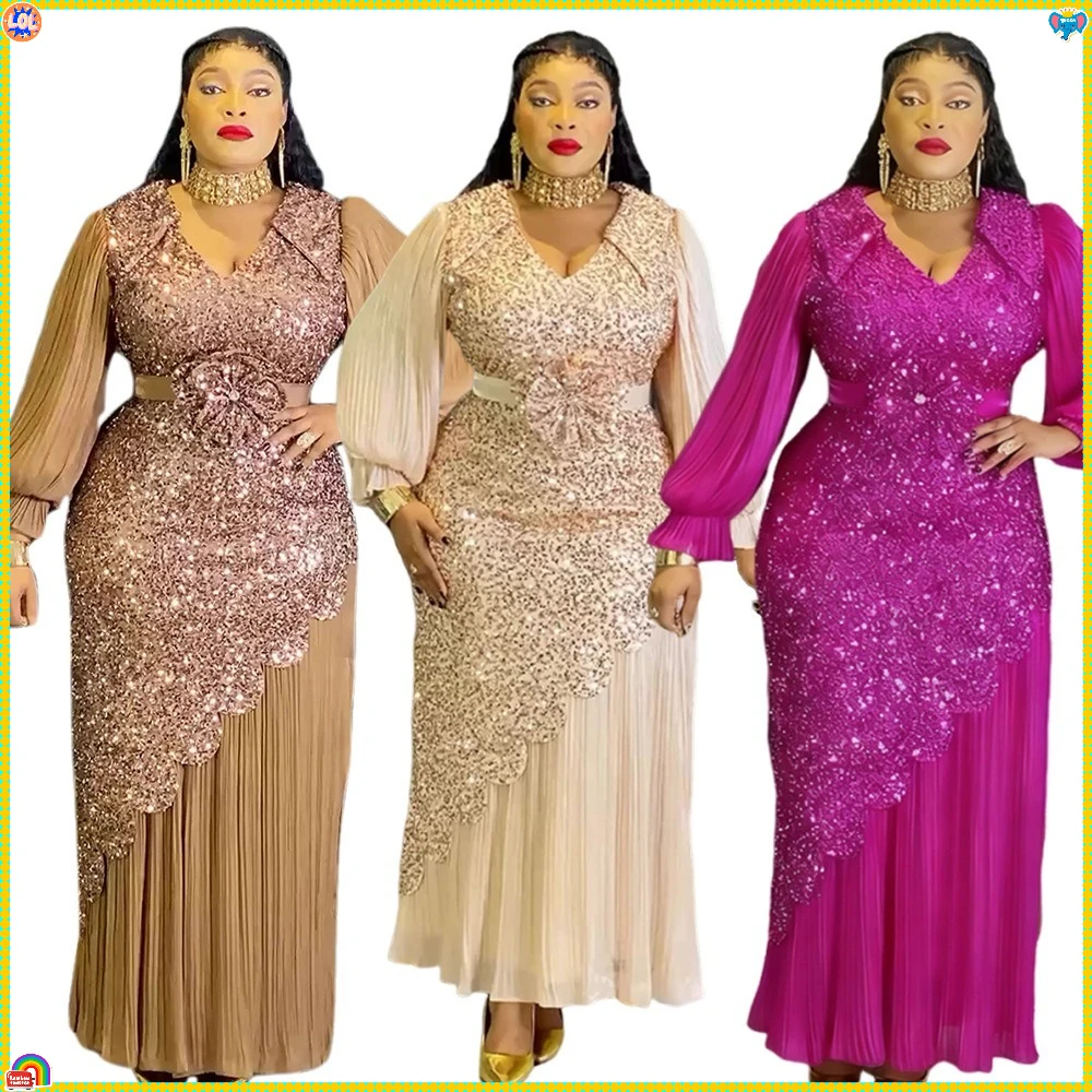 

Elegant African Dresses for Women Plus Size Sequin Evening Party Long Dress Dashiki Ankara Turkey Outfits Robe African Clothes