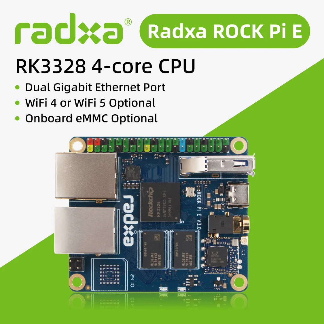 Radxa ROCK Pi E RK3328 4-Kern-CPU, Dual-Gigabit-Ethernet, WLAN4 oder WLAN5 Optional und eMMC Optional, Einplatinen-Computer