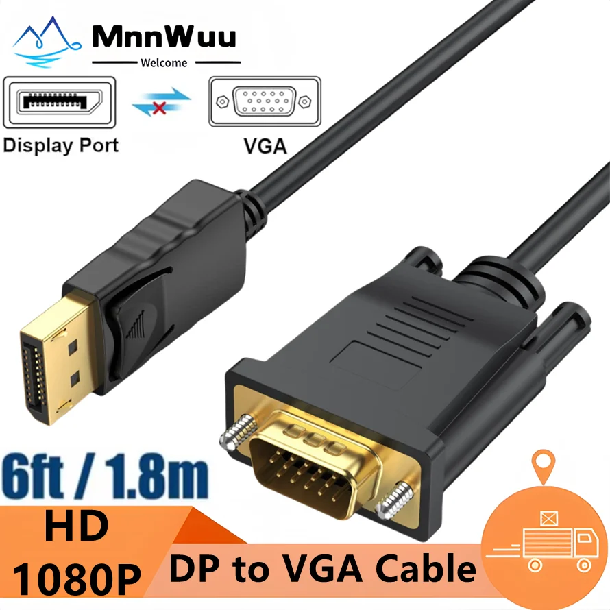Cable adaptador DisplayPort a VGA de 1,8 m, convertidor DP a VGA de 1080P, Cable DP macho a VGA macho para ordenador, portátil, PC, proyector y TV