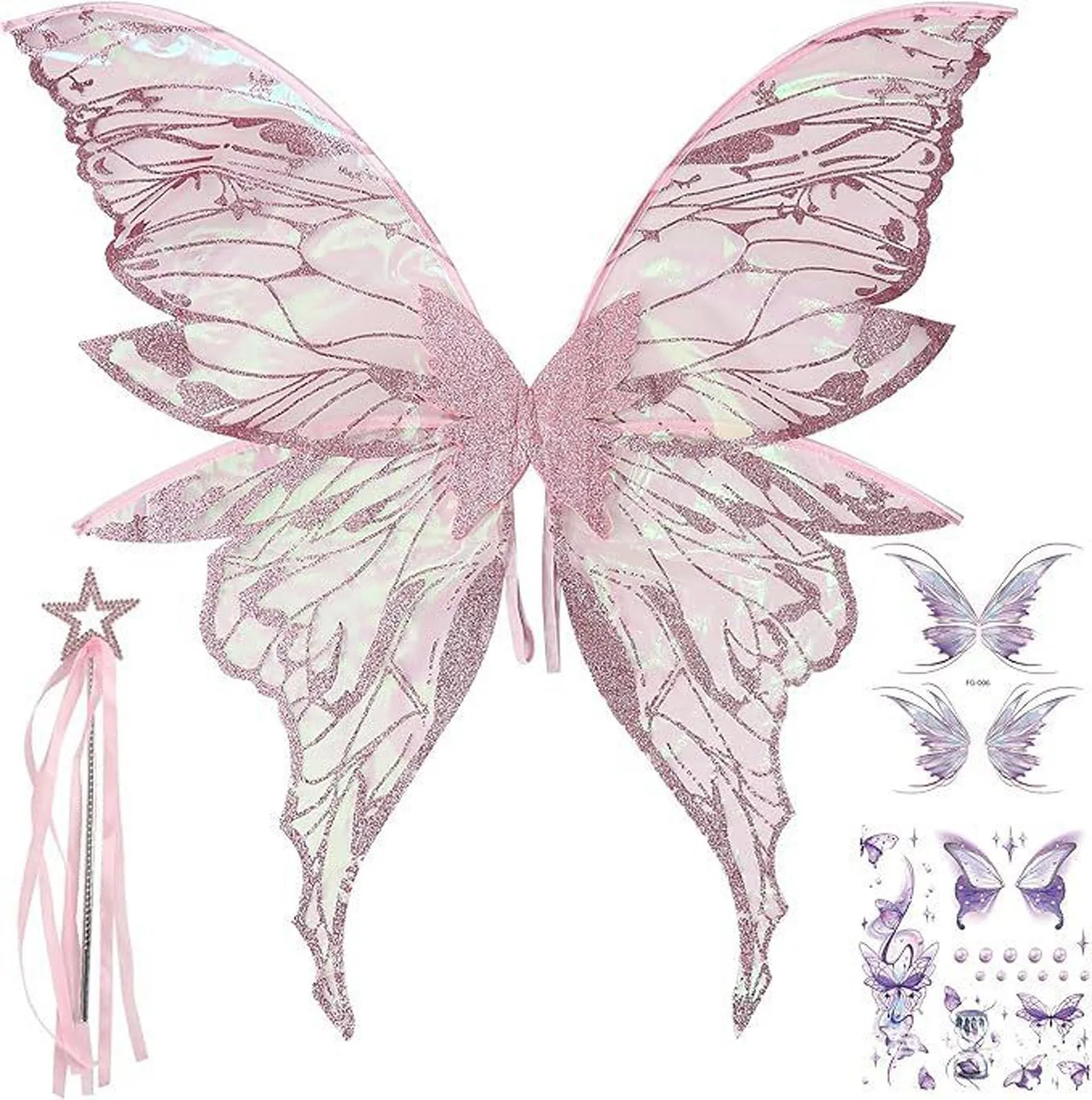 Mulheres meninas borboleta fada elfo asas com estrela varinha e adesivos para halloween cosplay traje aniversário natal fotografia