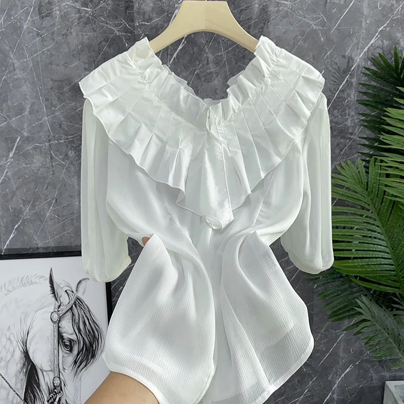 

Ele White Silk Blouse with V-ne And Lace Trimmed Sves Medium Length Sves Commute Sle Pure Color Polyester