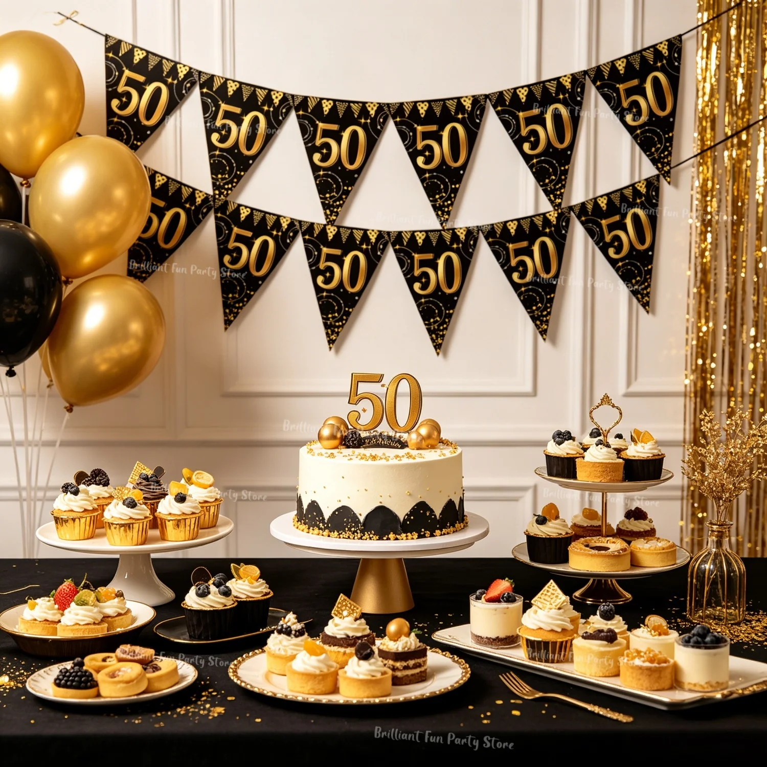 Schwarz-Gold 30., 40., 50., 60. Meilenstein-Wimpelkette, Dreieckige Flaggen-Girlande für Erwachsene, Geburtstags- und Jubiläumsdekoration – Detail 6