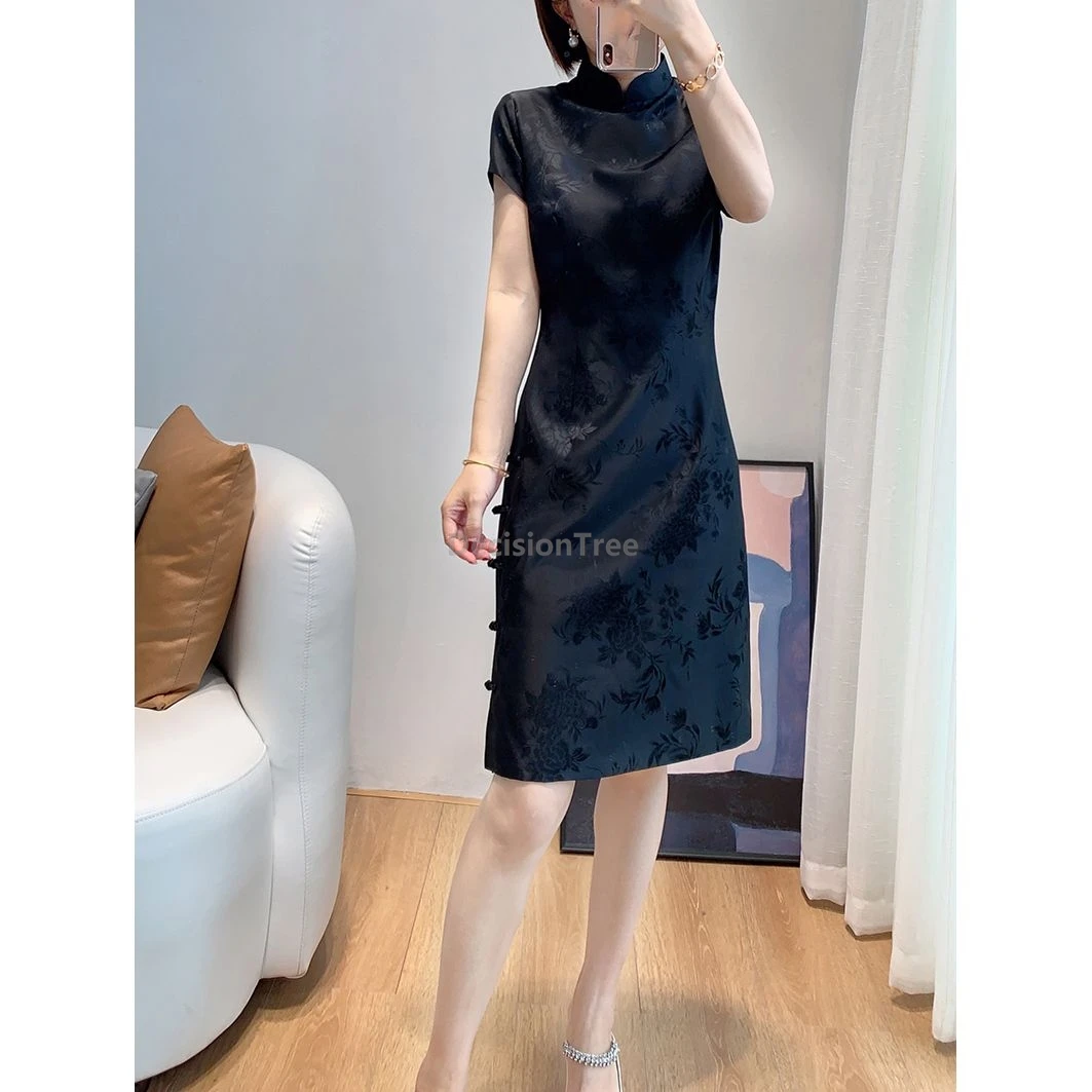 

Fashionable Chinese Style Black Cheongsam Slim Stand Buckle Collar Jacquard Dress Improved Version Qipao Office Lady Daily Dress