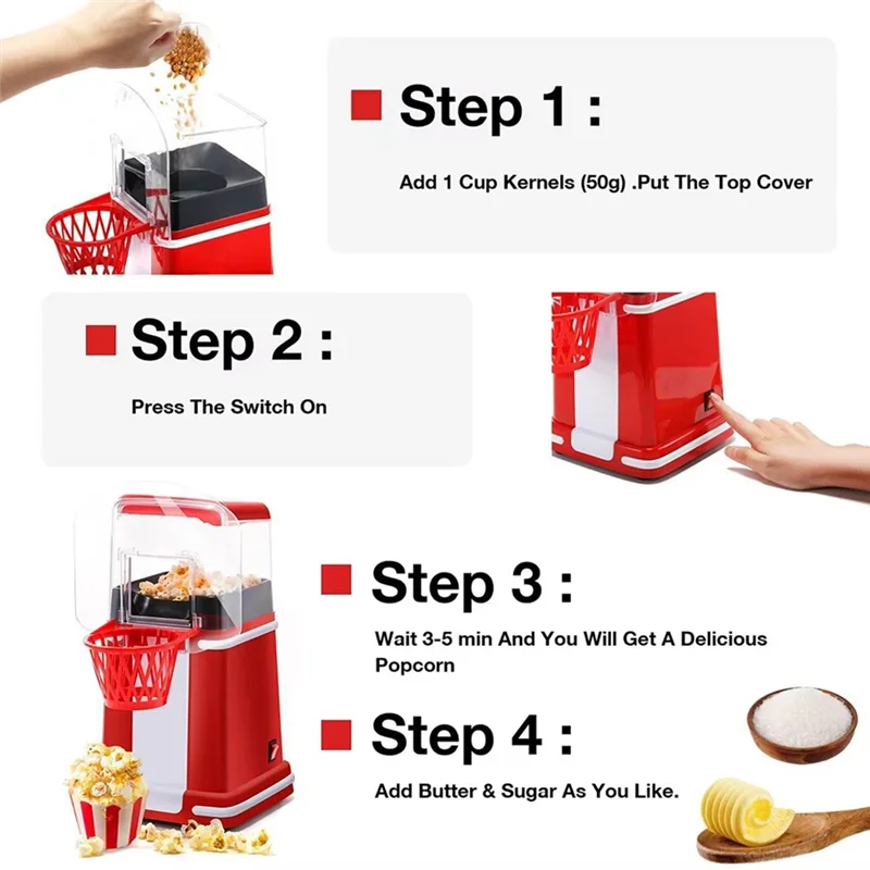 

ABBZ-Mini Popcorn Machine Hot Air Popcorn Popper Maker Automatic Butter Snack Appliance For Home Kitchen Movie Christmas