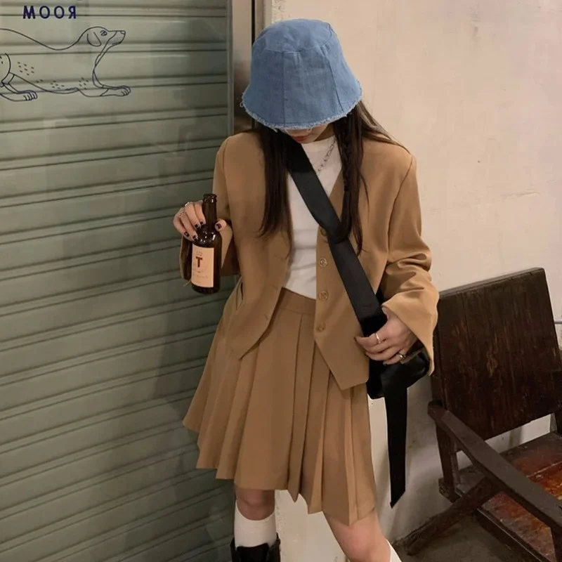 

Fashion 2024 Casual Suit Skirt Suit Temperament Short Long Sleeve Suit High Waist Sexy Pleated Skirt Fashion Two-piece Female