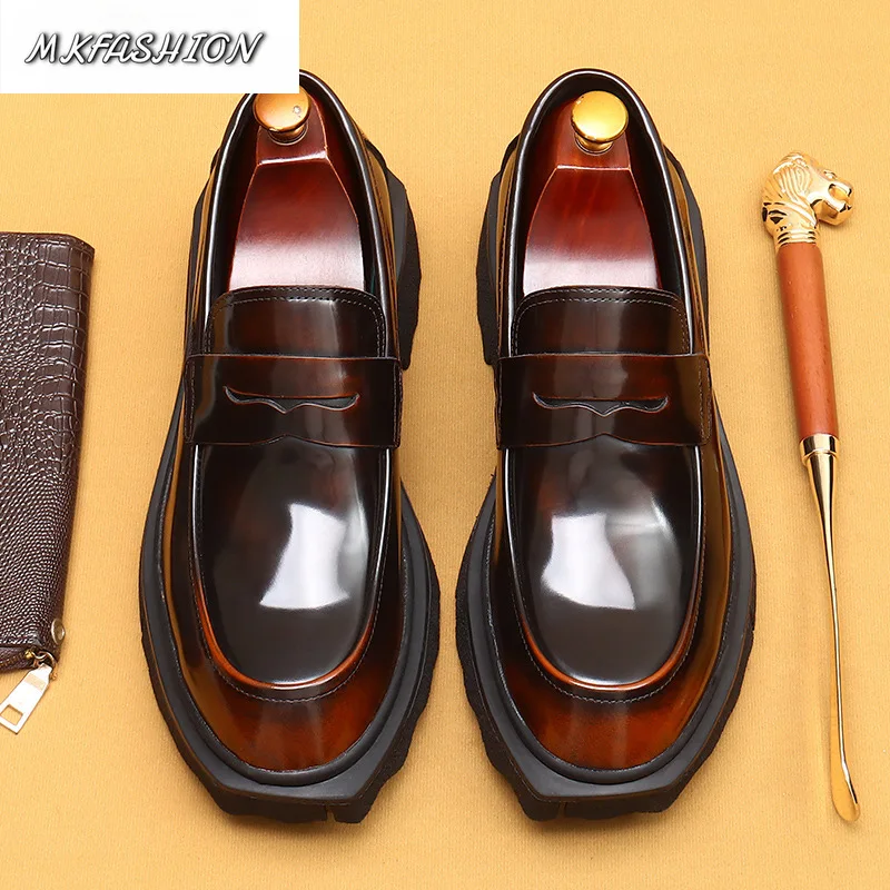Men's Soft Genuine Leather Business Casual Shoes Thick Bottom Increased Height Slip On Footwear Loafers