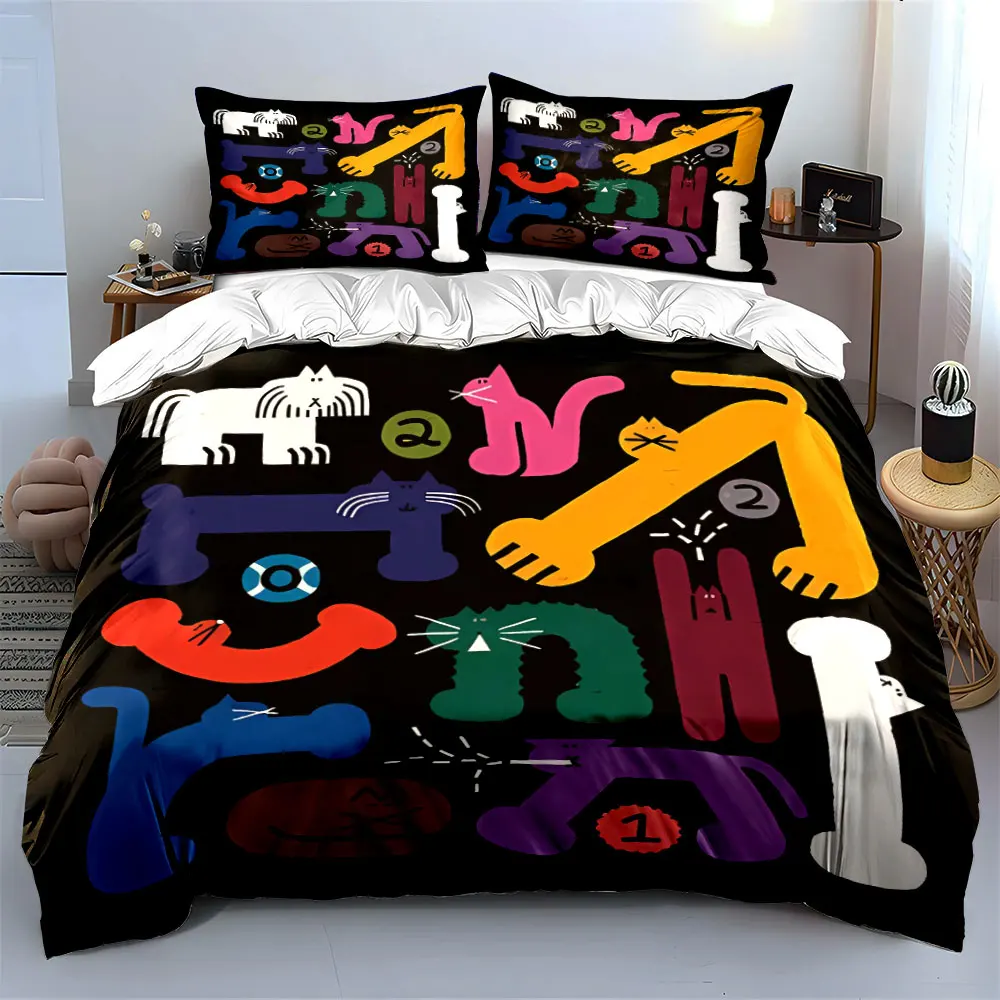 Abstract Cat-Themed Trio Decor Multiple sizes kid's and adults' bedroom Exquisite 3PC bedding set, gift
