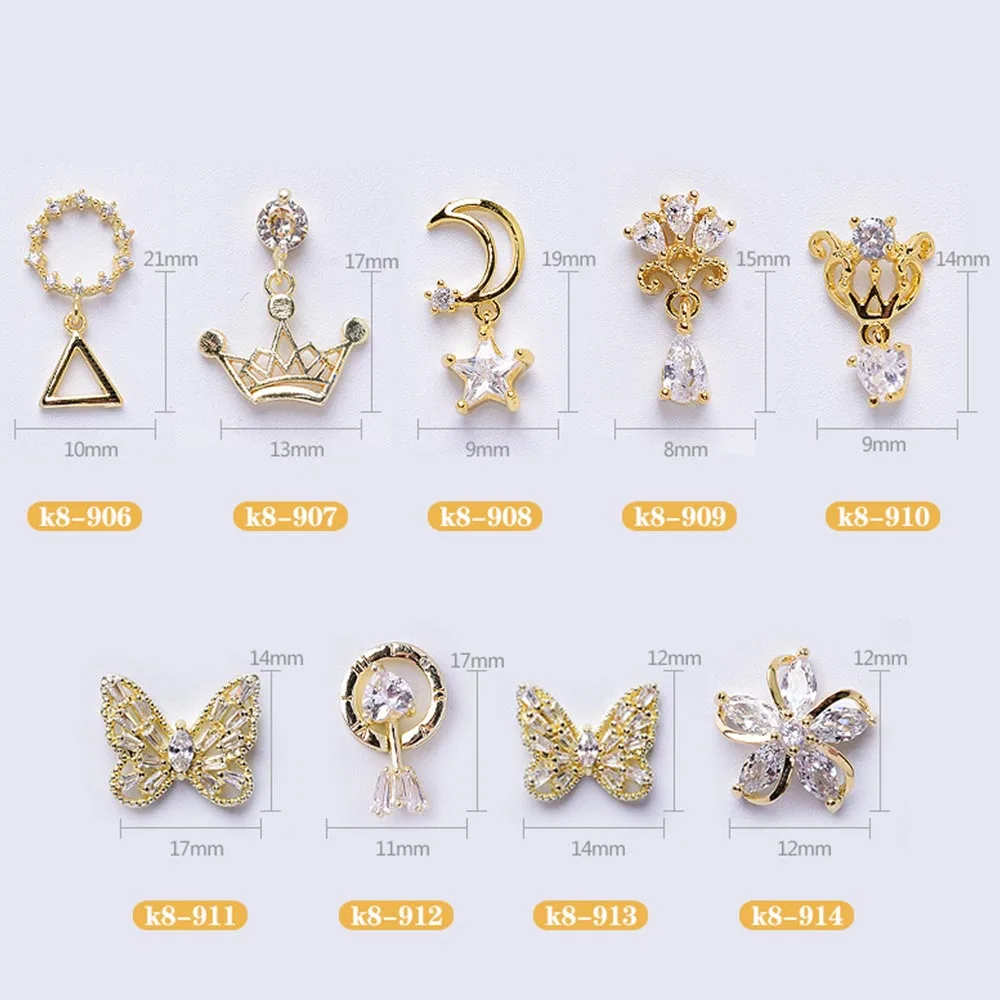 3D Gold Moon Pearl Stars Metal Zircon Diamond Nail Art Jewelry Nail Rhinestones Crystal Pendant Nail Art Decorations