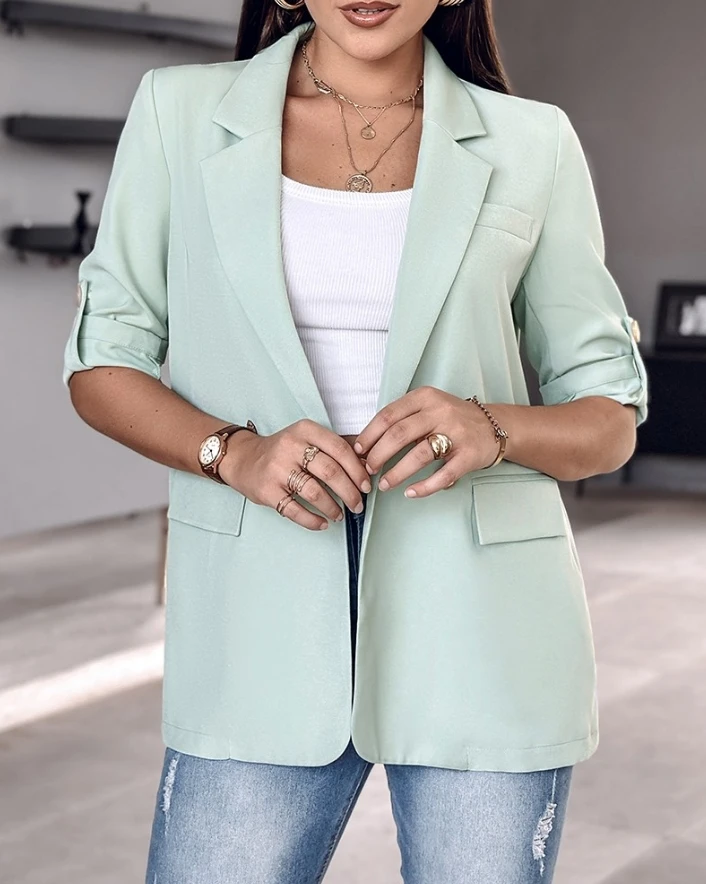 

Women's Jacket 2024 Spring Autumn Fashion Roll Up Sleeve Buttoned Elegant Temperament Notched Collar Plain Work Blazer Coat