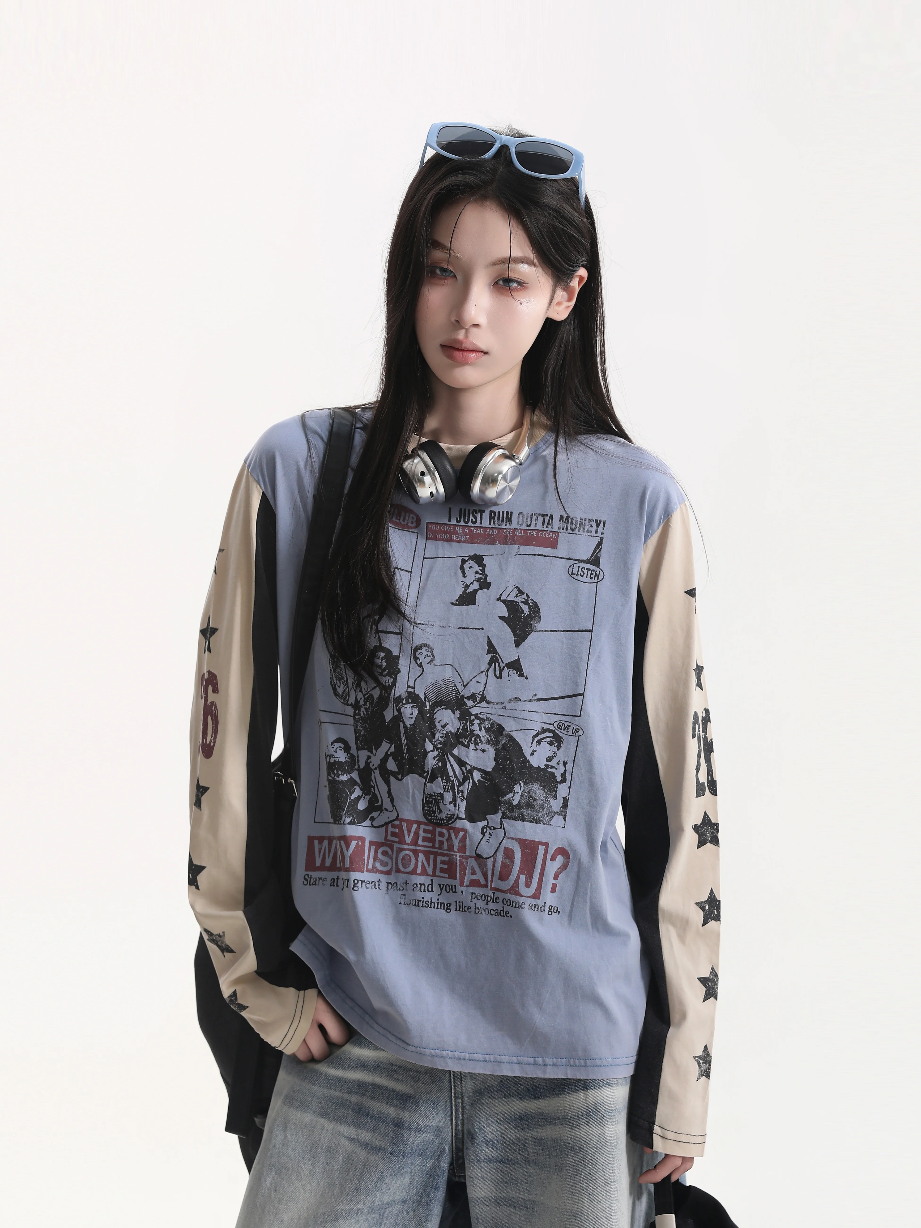 Street Style American Long Sleeve T-Shirt Women's Subculture Print Shoulder Insert Portrait Design Casual Fit Breathable Autu...