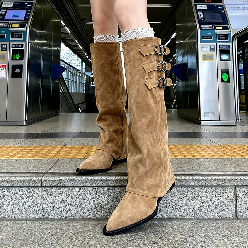 إمرأة أحذية طويلة 2026 موضة جديدة أشار تو مصمم الركبة عالية أحذية من الجلد حزام معدني مشبك النساء فارس الأحذية Mujer بوتاس #3
