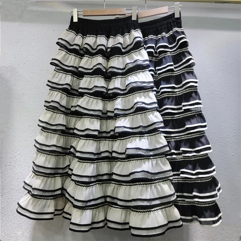 [EWQ] French Sweet Long Skirt For Women Contrast Colors All-match Elastic High Waist Ball Gown Skirts 2025 Spring New 16O4283