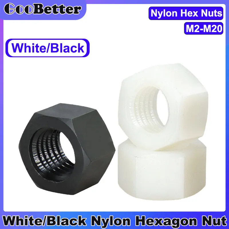 Tuerca hexagonal de nailon, Tuercas de rosca hexagonal de plástico blanco o negro, 2/5/10 piezas, M2, M2.5, M3, M4, M5, M8, M10, M12, M14, M16, M18, M20, Din934