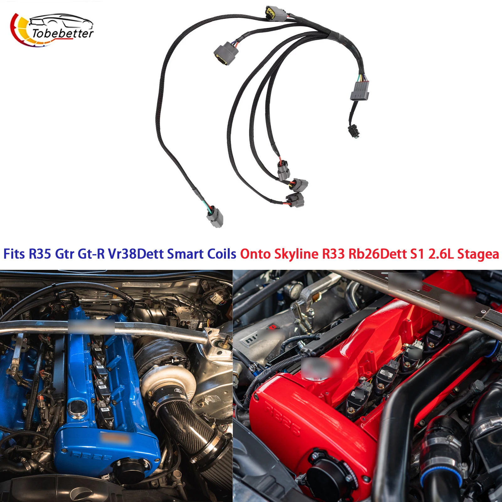 upgrade For R35 Gtr Gt-R Vr38Dett Smart Coils Onto Skyline R33 Rb26Dett S1 2.6L Stagea IGNITION COIL WIRES CONVERSION HARNESS