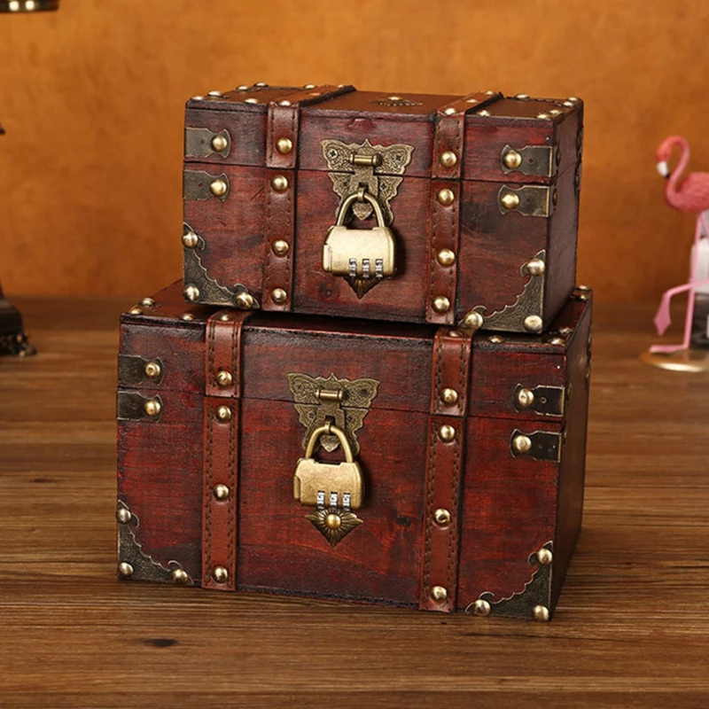 Pirate Treasure Chest with Lock Wooden Pirate Vintage Treasure Box Antique Color Jewelry Coin Storage Box Gifts For Children