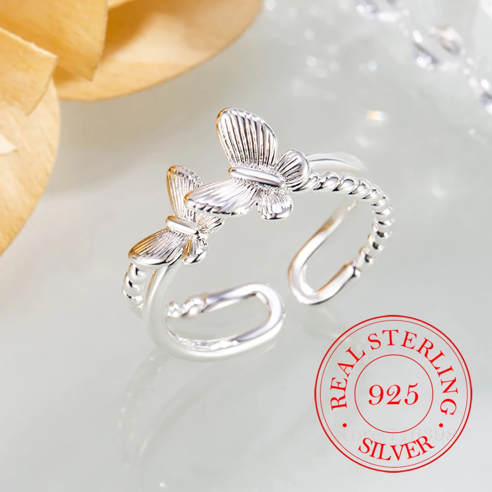 Bagues coréennes en argent Sterling 925 pour femmes, bagues papillon douces réglables, bijoux cadeau de fête de mariage en argent 925