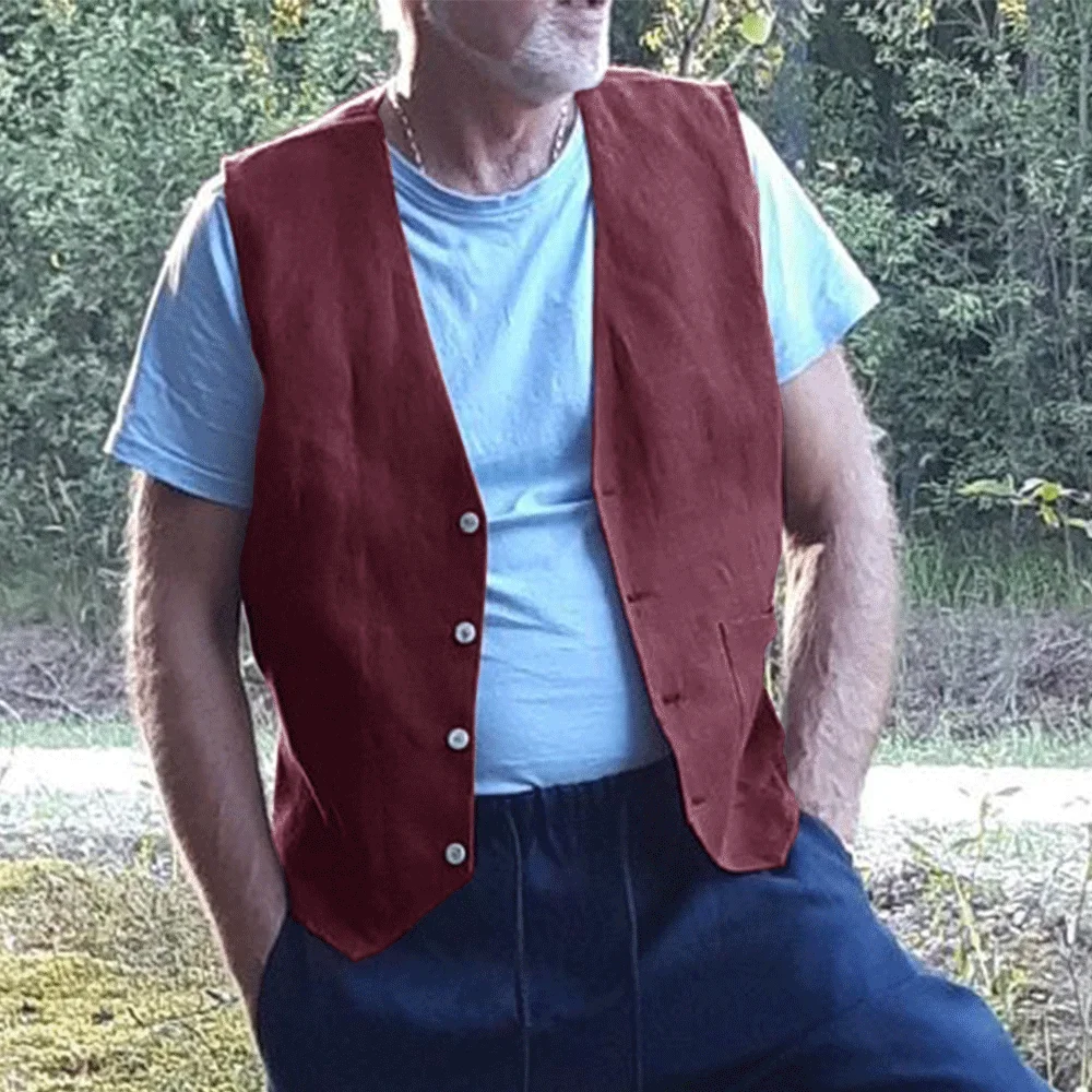 

Casual Vest for Men Linen Retro Waistcoat Male Comfortable Man Casual Fishing Sleeveless Vests Summer Clothes Solid Color Design