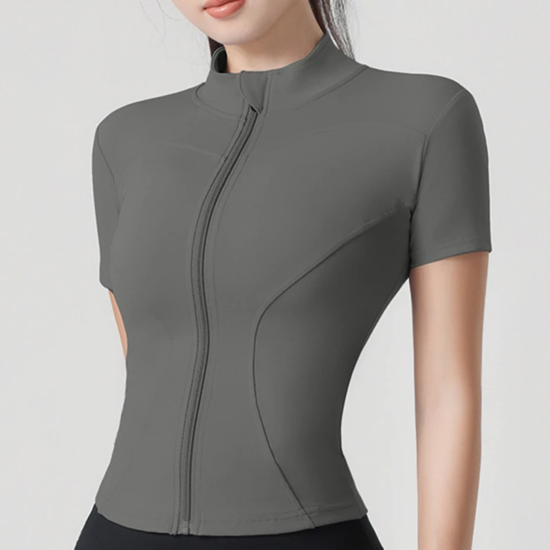 Woman yoga Jacket High Elastic Yoga Short Sleeve Coat Stand Collar Tight Sports Coat Naked Fitness Short Sleeve Female image 4