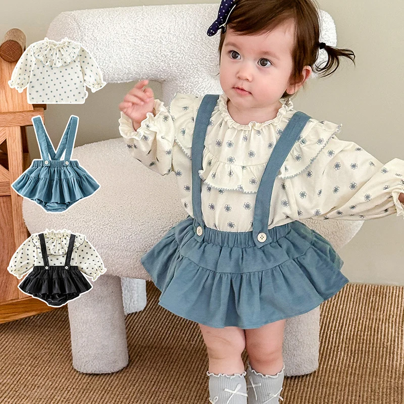 2026 New Spring Toddler Baby Girl Clothes Suit Long Sleeved Cotton Printed Shirt Solid Color Jumpsuit Infant Baby Clothing Set