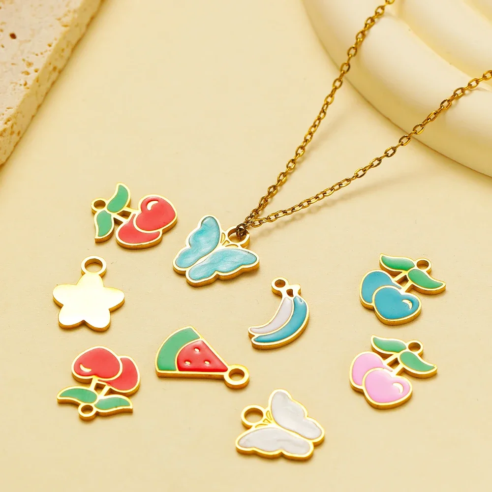 5pcs/lot Stainless Steel Drip Oil Cherry Banana Pendants Enamel Flower Charms DIY Girl Jewelry Findings Necklace Making Supplies