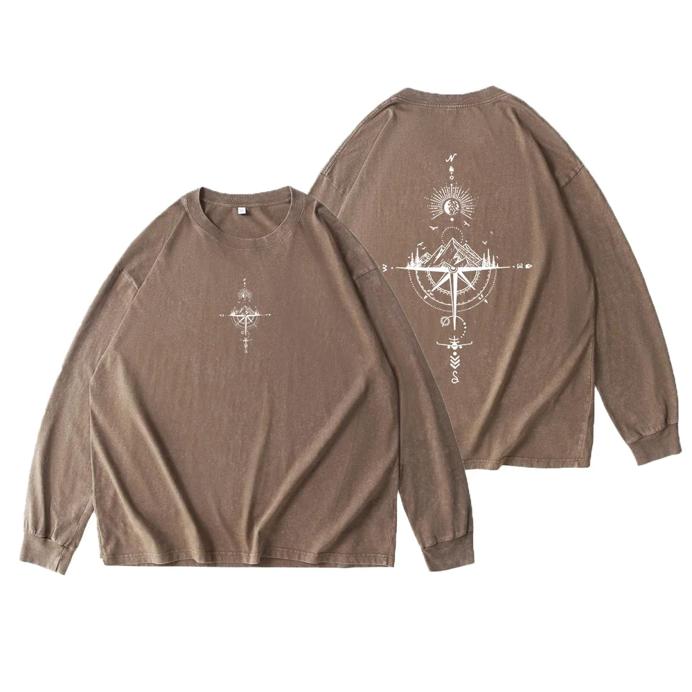 Men Retro Washed Heavyweight Cotton Long Sleeve T-shirt Loose Drop Shoulder Star Compass Graphic Streetwear Tops