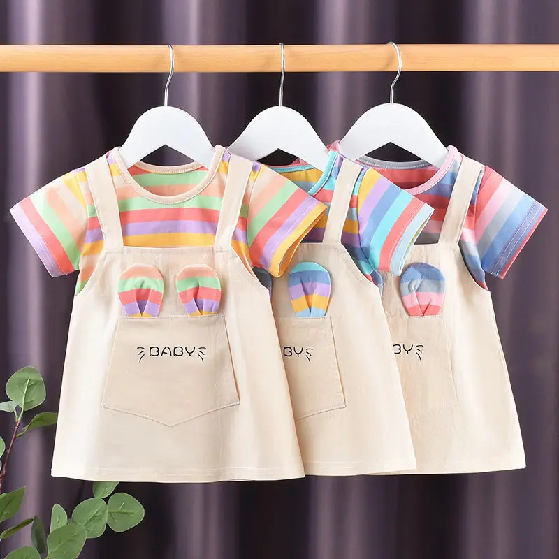 Girls Casual Dresses Letter Print Cat Dress Color Stripe Print Fake Two Dresses Party Dress for Kids Girl