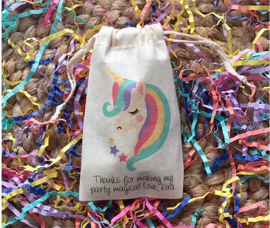 20pcs Personalized Unicorn Party Favors - Custom Muslin Cotton Bags