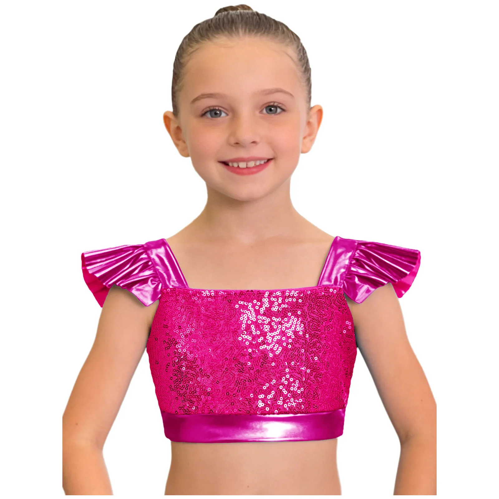 Kids Girls Jazz Dance Performance Tops Square Collar Ruffled Sleeves Sparkling Sequin Metallic Crop Top