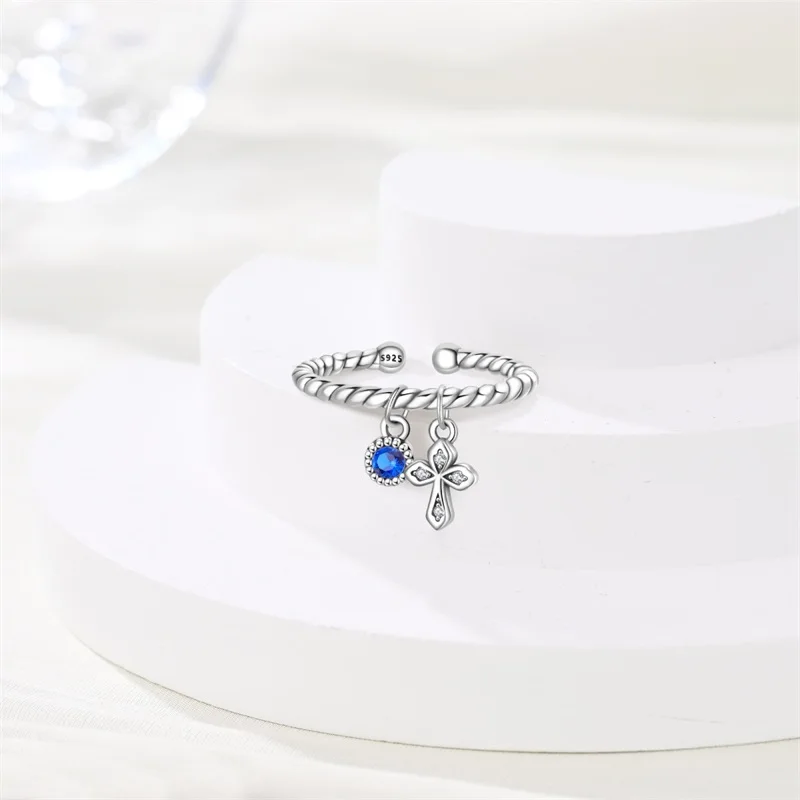 クラシックオリジナル 925 スターリングシルバーレトロスタイルブルージルコンクロス調節可能なオープンリング女性女の子ジュエリー誕生日ギフト