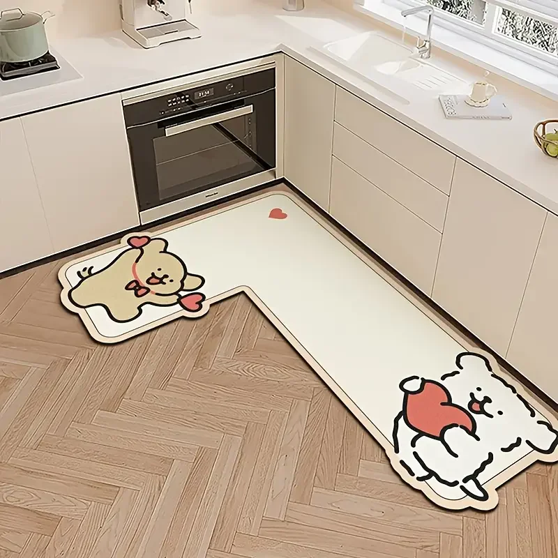 VIKAMA Adorable Cartoon L-Shaped Doormat Non-Slip Quick-Dry Entrance Hallway Mat Kitchen & Laundry Room Rug Home Decor