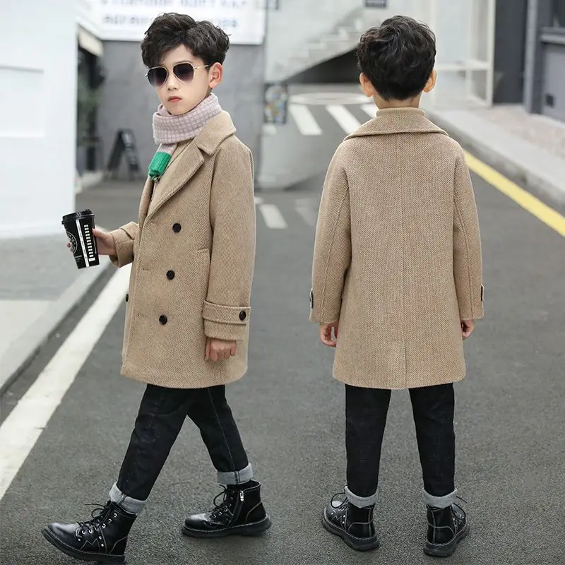 Boys Wool Coat Autumn Winter Childrens Jacket Fashion Turn Collar Plaid Keep Warm Outerwear Teenage Clothes 2023 5-14 clothes