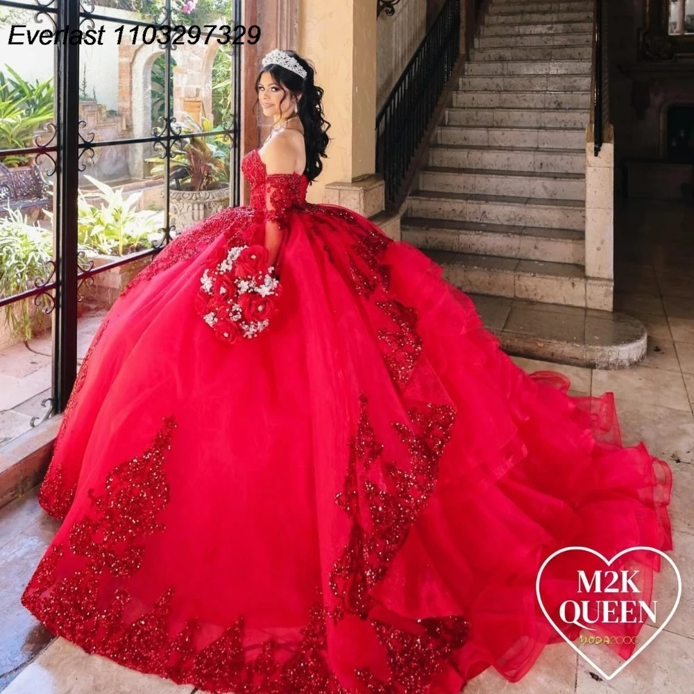 EVLAST Glitter Shiny Red Quinceanera Dress Ball Gown manica lunga Applique a strati perline Sweet 16 Vestidos De 15 Anos TQD782