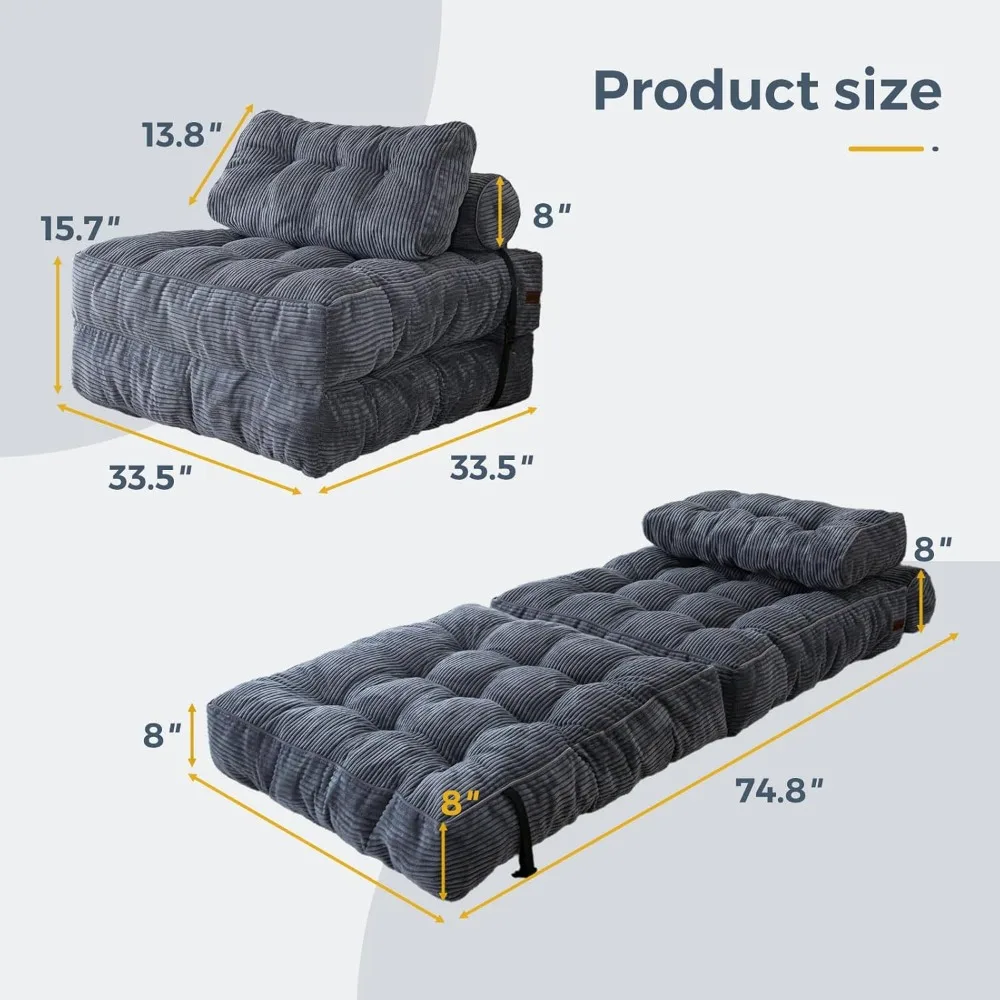 Folding Sofa Bed, Convertible Sleeper Chair with Pilow Foldable Matress with Back Support, Portable Fold Out Chair Bed Sofa