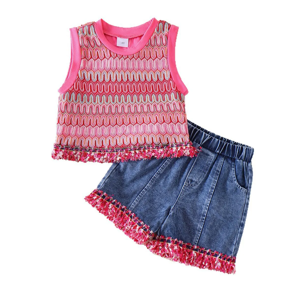 European and American summer new multi-color sleeveless vest lace denim shorts cute sweet vacation style children's clothing