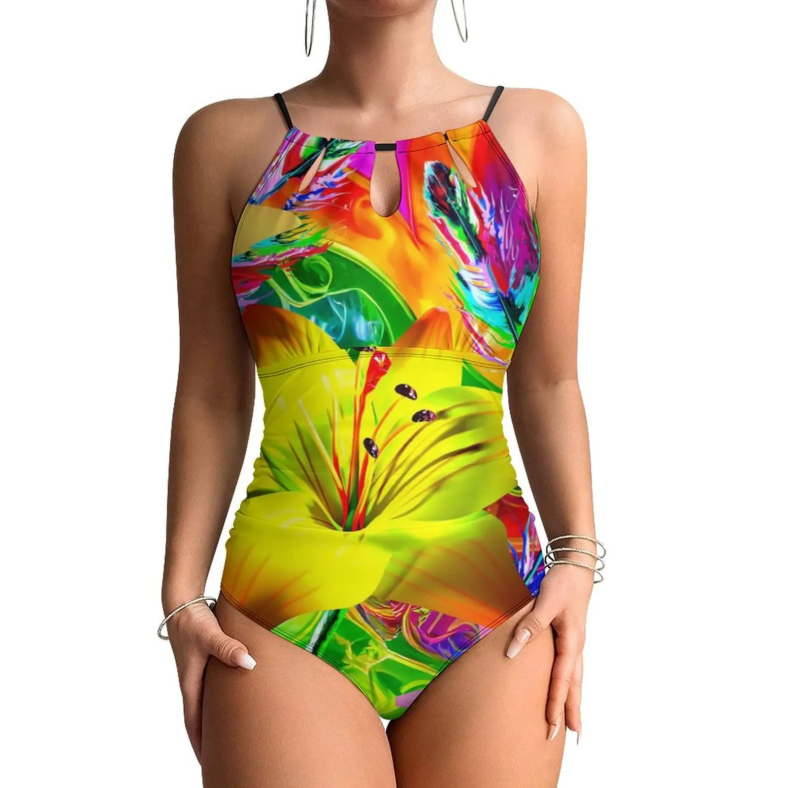 Tie Dye Feather Swimsuit Sexy Floral Print Women Swimwear One Piece Modern Swimsuits Beach Push Up Halter Monokini