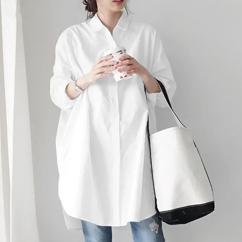 2024 New Autumn Spring Long Sleeve Shirt Casual Loose Long Shirt Women Tops Fashion Cotton Irregular Solid White Clothes 24161