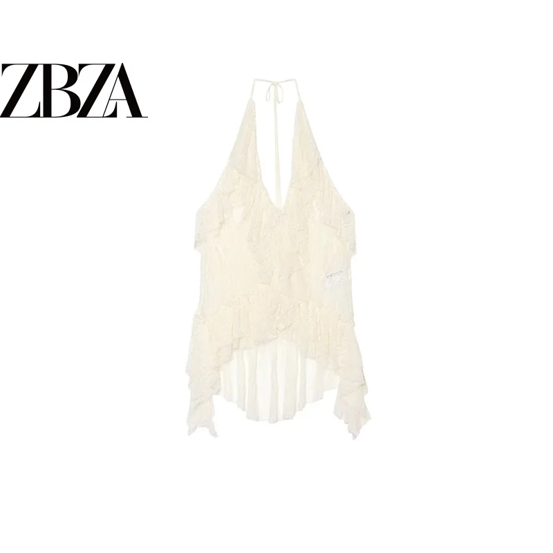 Fashionable Layered Lace Decoration T-shirt Women's Top ZR Style Commute Standard Fit Polyester Sleeveless V-neck China Made