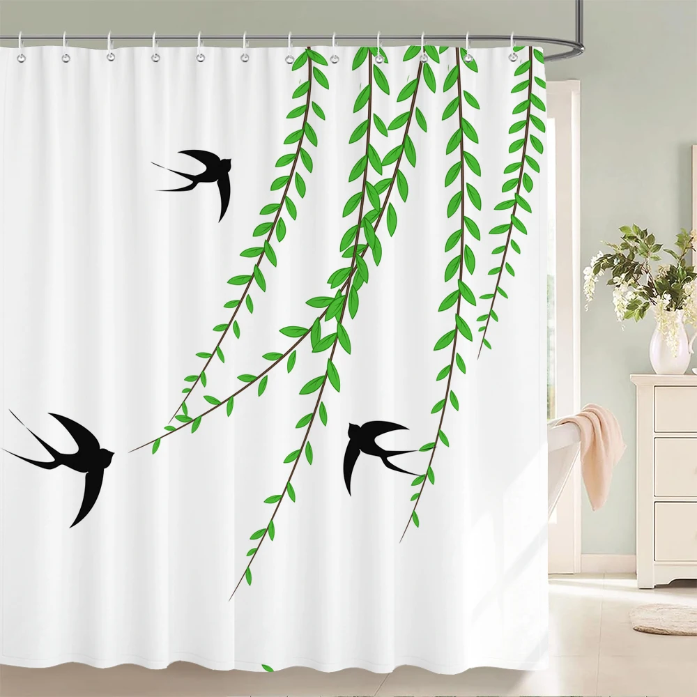 

1PC Modern Minimalist leaf Pattern Shower Curtain with Hooks - Design Chic Green leaves Plants Bathroom Curtain Decorationks