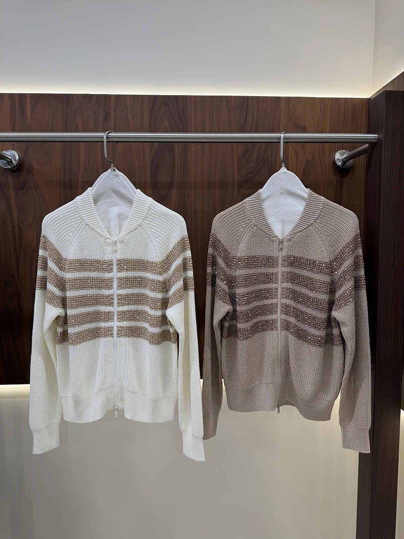 Women Sparkle Sequin Stripe Knit Zip Cardigan V Neck Color Block Loose Fit Long Sleeve Sweater Coat