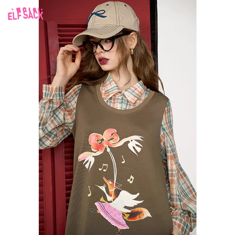 ELFSACK 2024 Autumn New Arrive Brown fake two-piece plaid patchwork print loose slim straight dress for women