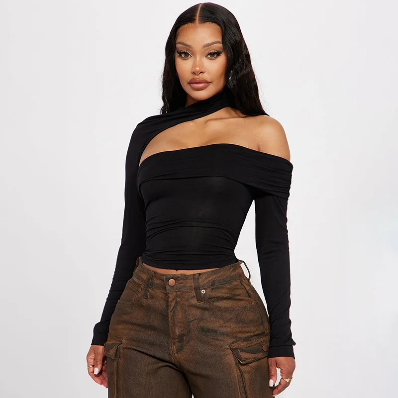 Sexy Asymmetrical Neckline Shoulder Bared Knitted Long Sleeve Elastic T-shirt Design Sense Pleated Wrap Chest Alluring Top