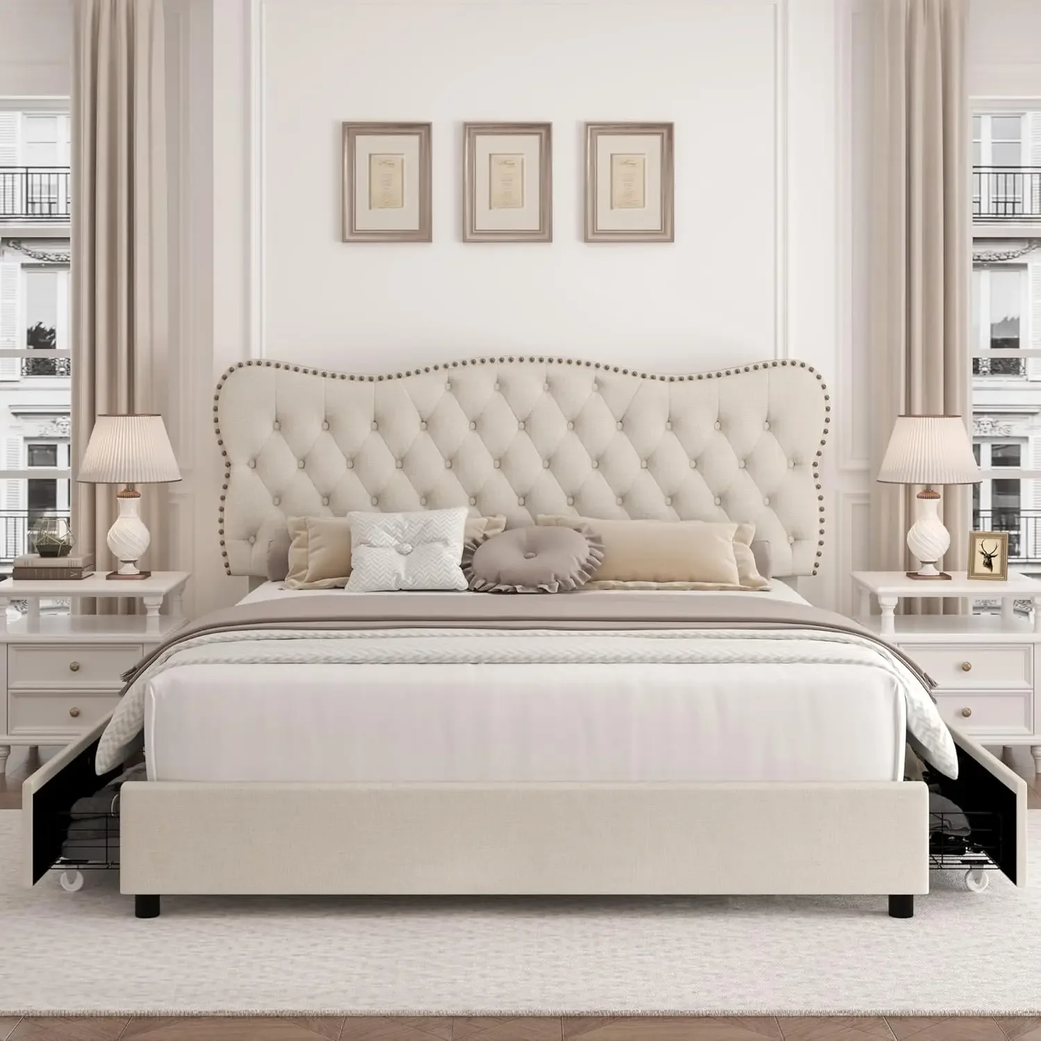 King Bed Frame with 4 Storage Drawers, Upholstered Platform Bed Frame with Button Tufted Headboard, Heavy Duty Mattress