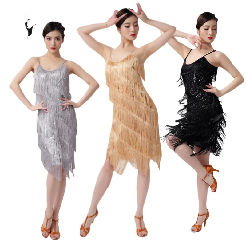 Sling Sequins Tassel Skirt V-Neck Dress Latin Dance Dress Dance Suit Stage Performance Competition Suit