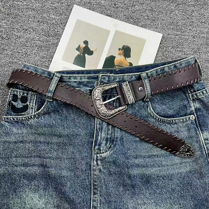 

Дизайнерский коричневый ремень Y2k, резной ретро-панк-стиль, имитация тканого ремня, модный мужской и женский тканый коровьего ремня, тренд 2025