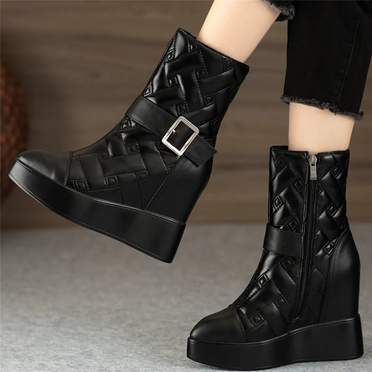 

High Top Platform Pumps Women Genuine Leather Wedges High Heel Motorcycle Boots Female Pointed Toe Fashion Sneakers Casual Shoes