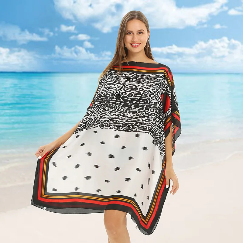 

Beach Cape Cloak WomenPoncho Seaside Holiday Spring and Summer Lady Beach Coat Shawl Imitation silk pullover printed beach